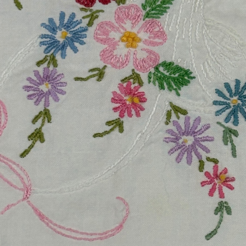 Vintage Hand Embroidered Floral Pillowcase White Cotton Peach Crochet Lace Trim - Picture 7 of 11